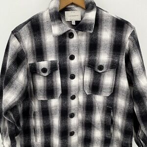 Lucky Brand Mens Small Plaid Flannel Shirt Jacket Black White Button Front Heavy